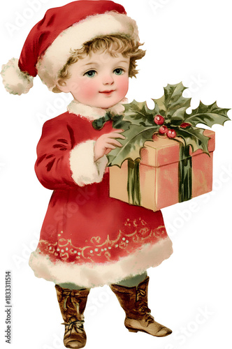 Cute child in Christmas outfit holding a gift