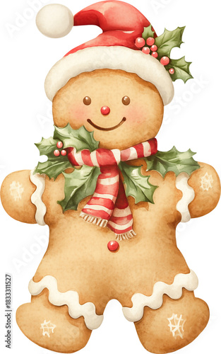 Cheerful gingerbread man wearing a red Santa hat and a striped scarf
