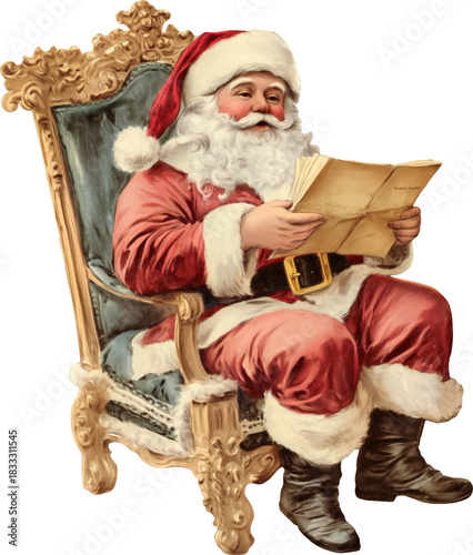 Сheerful Santa Claus sits in a richly decorated chair and reads a list