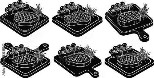 Black and white isometric illustration of steak dinners with tomatoes and greens