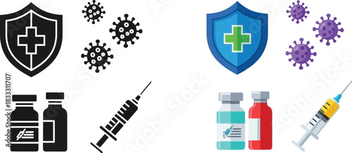 Health protection icons shields virus cells vaccines and medical equipment