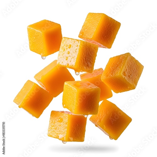 A vibrant display of cubed mango pieces suspended against a stark white backdrop with water droplets