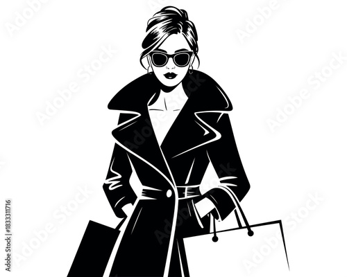 A stylish woman in a trench coat and sunglasses holds shopping bags.