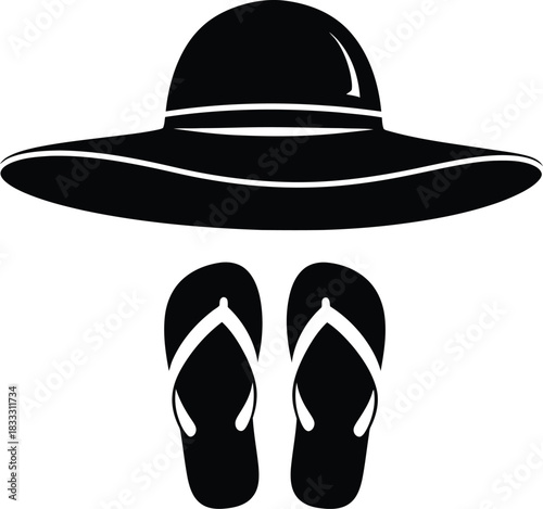 Black silhouette of a sunhat and flip flops on a white background
