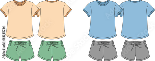 Two sets of casual summer outfits with t-shirts and shorts clothing apparel