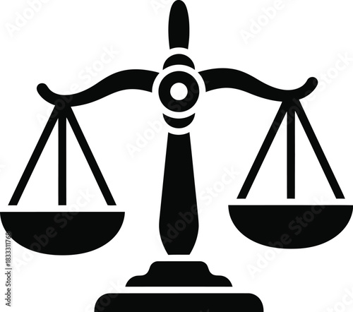 A simple black and white illustration of traditional justice scales