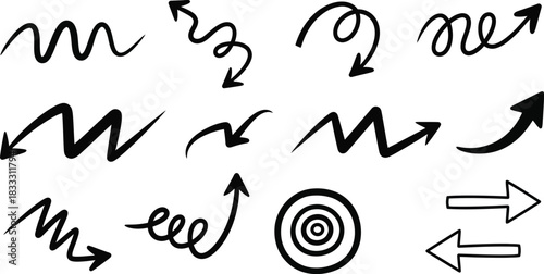 Collection of abstract black lines arrows and a target symbol on white background