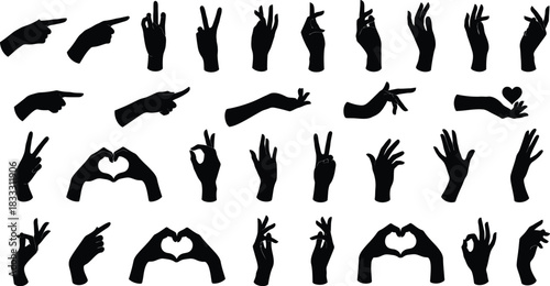 A collection of black silhouette hands displaying various gestures and signs