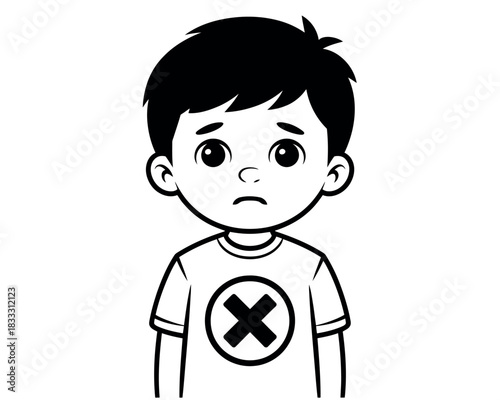 A cartoon child with a sad expression wears a t-shirt with a large 'X' symbol.