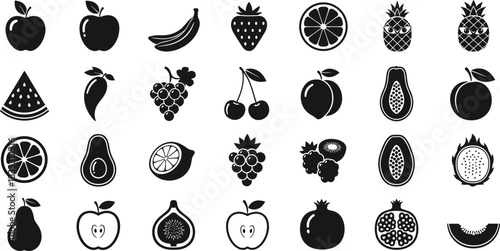 Fruit icon set, black and white fruit design, minimal vector illustration, sliced and whole fruits collection, flat vector illustration