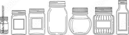 Jar and bottle icon set, packaging vector illustration, black and white container design, product storage shapes, flat vector illustration