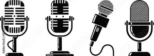 Microphone icon set, audio recording tools, vintage and modern mic designs, black and white sound equipment, flat vector illustration