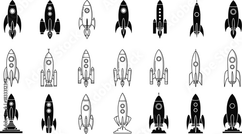 Rocket icon set, space exploration symbols, black and white rocket designs, stylized spacecraft collection, flat vector illustration