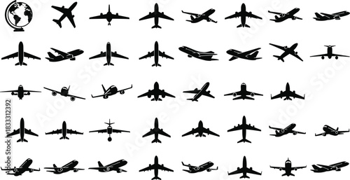 Airplane icon set, aircraft silhouette collection, aviation vector graphics, black flight symbols, commercial and military planes, flat vector illustration