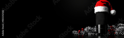  microphone with a santa hat on a black background, 
