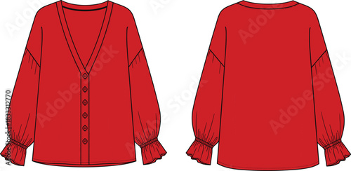 Red V-neck cardigan technical fashion flat sketch with puff sleeves and ruffle cuffs, front and back view vector.