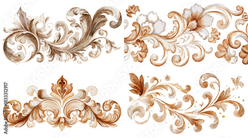 Elegant baroque floral ornaments illustrated with soft brown tones, swirling leaves, and decorative flourishes perfect for classic design, luxury decoration, and refined artistic projects.
