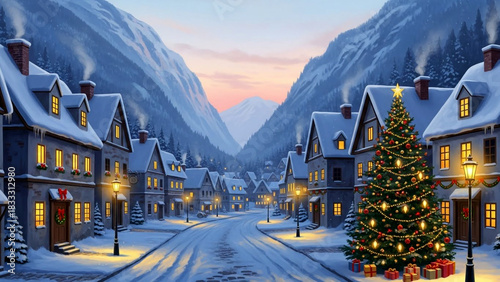Experience the magic of a snowy Christmas village nestled in the mountains with festive decorations and cozy warm lights