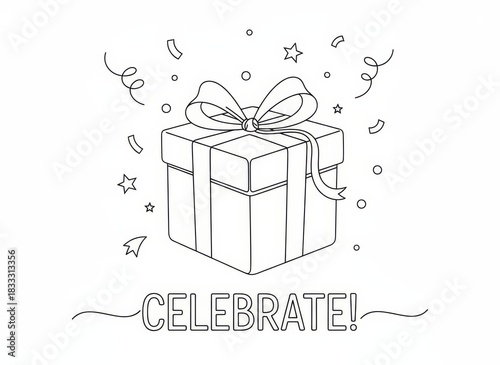 Line Art Celebration: A Gift Wrapped in a Bow with Confetti and the Word 