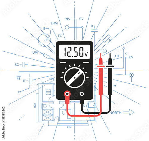 Digital Multimeter Flat Design Icon on Blueprint