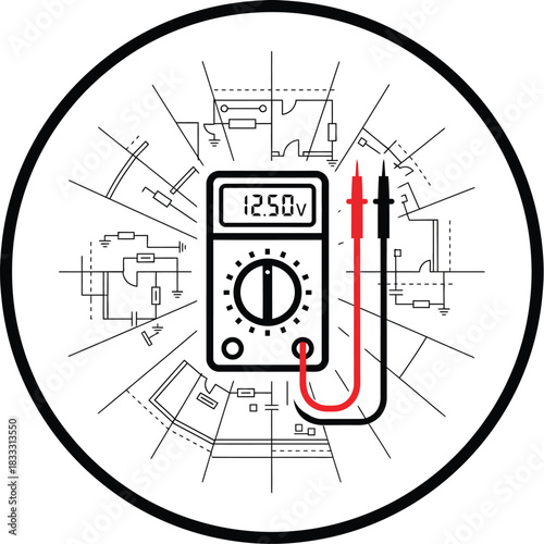 Digital Multimeter Flat Design Icon on Blueprint