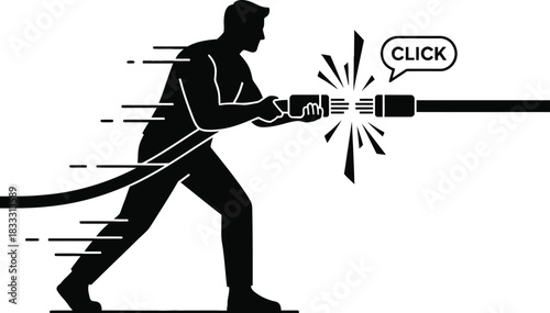 Worker silhouette securely connecting cables in a modern network