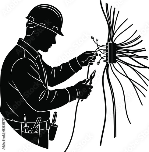 Worker connecting cables, hands manipulating wires with tools.