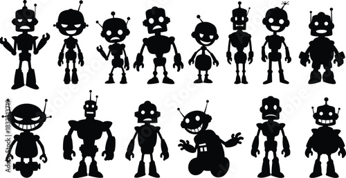 Robot silhouettes, black robot icons, cartoon robot shapes, AI characters, futuristic machines, vector robots, artificial intelligence, tech illustration, robotics design, android clipart