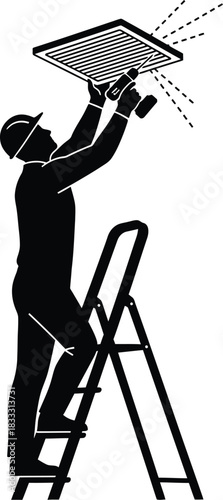 Worker silhouette installing ventilation grille on a wall