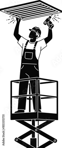 Worker silhouette installing ventilation grille on a wall