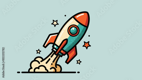 Cartoon rocket launch with stars and smoke trail.
