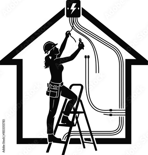 Female Electrician Silhouette Working on House Renovation