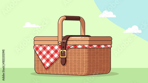 Picnic Basket in a Green and Blue Scene.