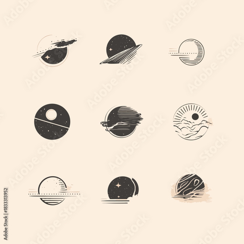 Abstract celestial illustrations of planets and stars in a simple artistic style