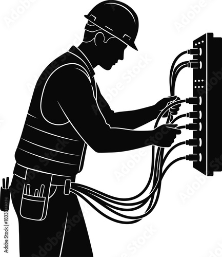 Worker connecting cables into a device panel silhouette.