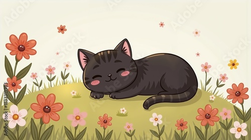 Cute kawaii black cat sleeping in flower field, peaceful illustration