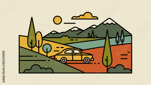 Vintage Car Driving Through Scenic Mountain Landscape.
