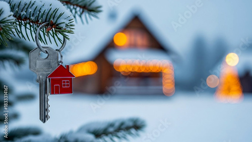 Dreaming of a cozy winter home this holiday season with keys on a snowy tree branch and warm lights in the background