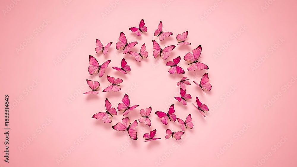 Obraz premium Lovely pink butterflies arranged in a circle, perfect for spring designs and joyful announcements, adding a touch of elegance and natural beauty