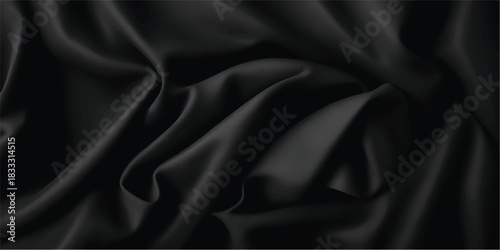 Elegant black silk satin fabric with a smooth, soft, shiny texture, perfect for luxury fashion, rippled clothing, or an upscale backdrop