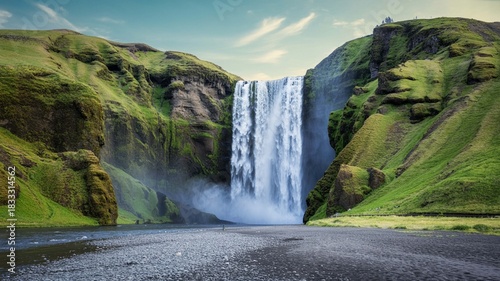 Majestic skogafoss waterfall cascading down a steep cliff surrounded by vibrant green mossy hills under a bright sky in iceland