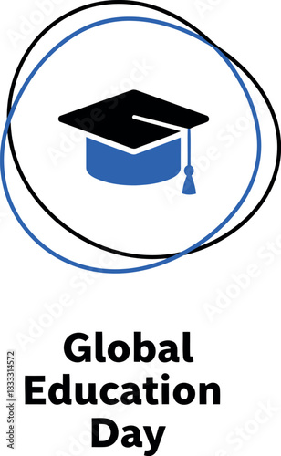 Global education day symbol with graduation cap and circular lines.
