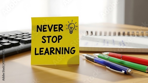 Inspirational yellow sticky note never stop learning lightbulb on wooden desk with pens keyboard and notebook