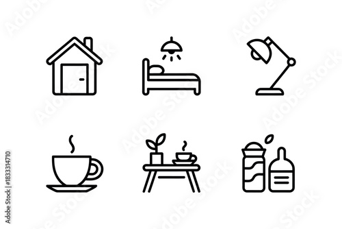 Illustration of house bed lamp cup table and bottles in black outline