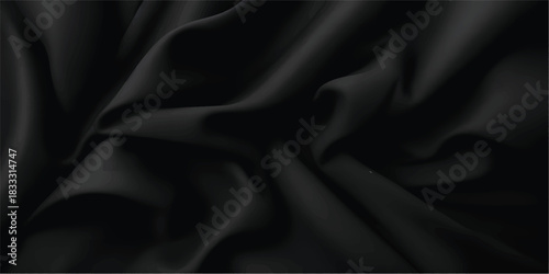 Luxurious black satin silk fabric background with smooth soft shiny waves and elegant rippled texture for fashion and decoration