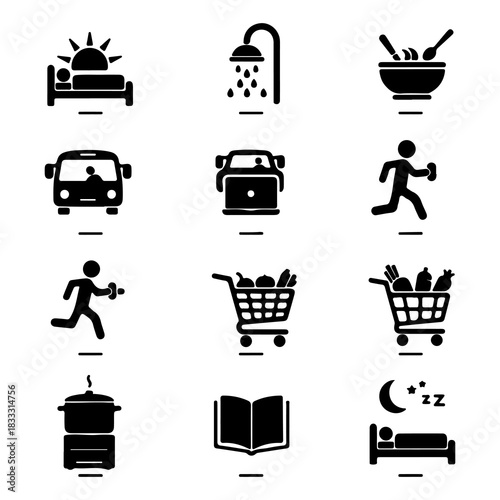 Vector icons for daily life activities, representing a typical routine waking, showering, eating, commuting, exercising, grocery shopping, cooking, reading, and sleeping