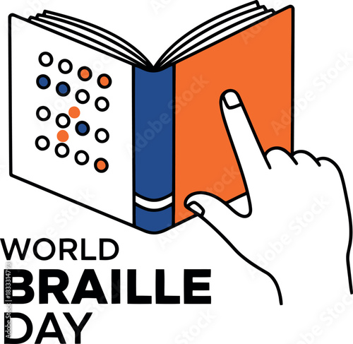 World braille day illustration with hand touching a braille book