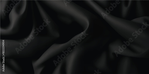 Dark black satin silk fabric texture with soft flowing waves for a luxury fashion background design
