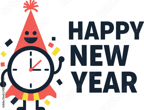Happy new year festive clock character celebration, flat design