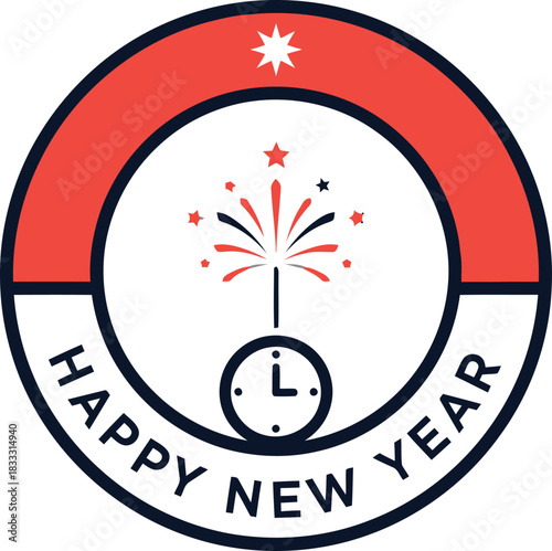 Happy new year celebration icon with fireworks and countdown clock.